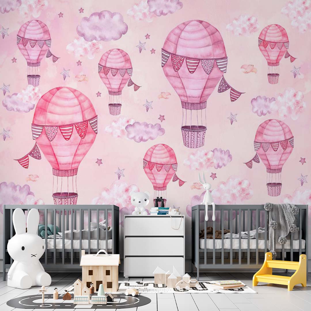 Kids Wall Murals Hot Air Balloon Pink Wall Murals Whimsical Sky Scenes