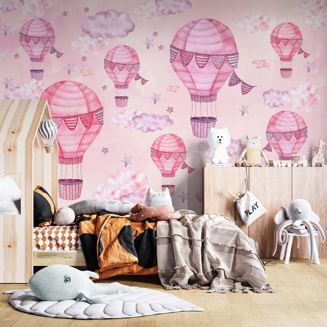 Kids Wall Murals Hot Air Balloon Pink Wall Murals Whimsical Sky Scenes