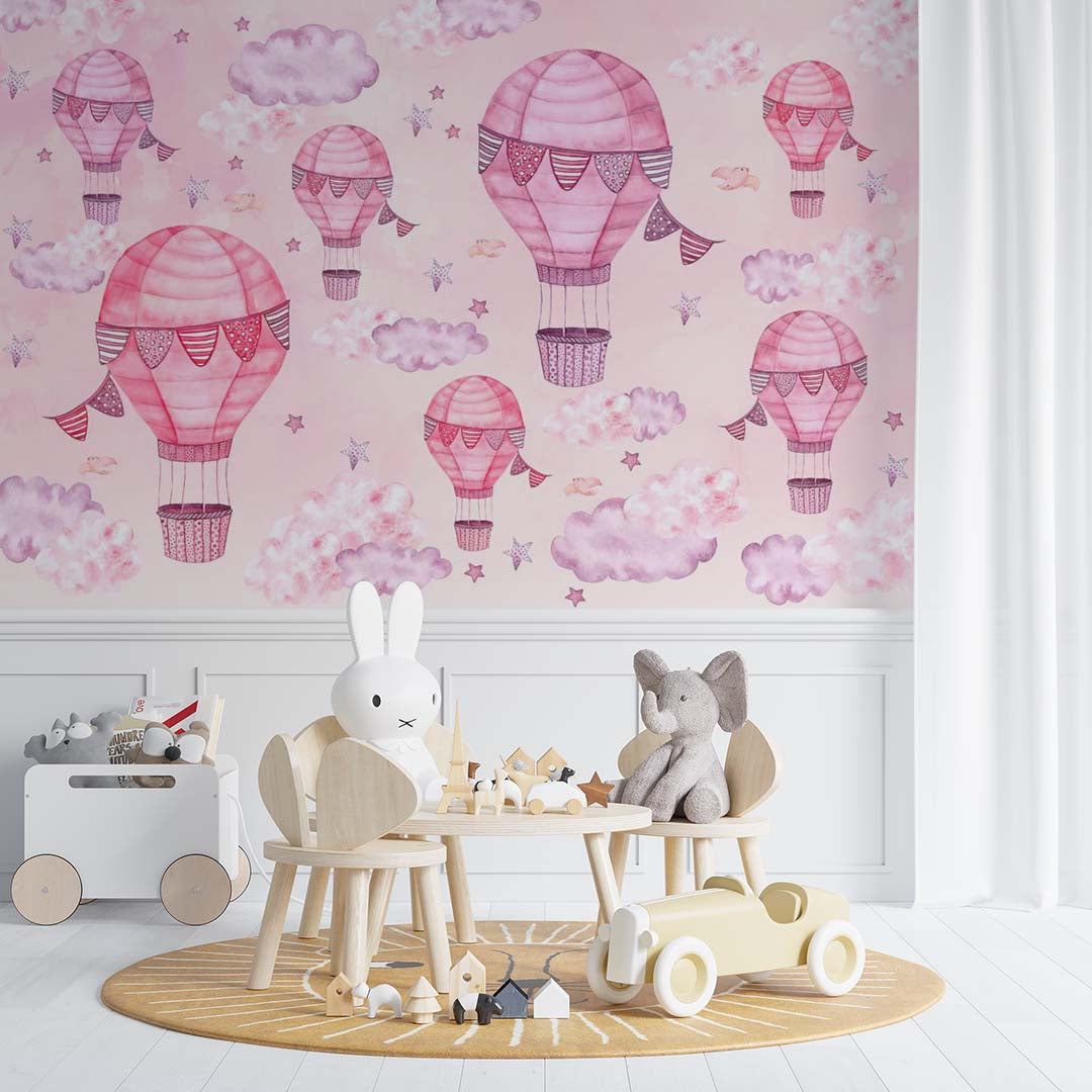 Kids Wall Murals Hot Air Balloon Pink Wall Murals Whimsical Sky Scenes