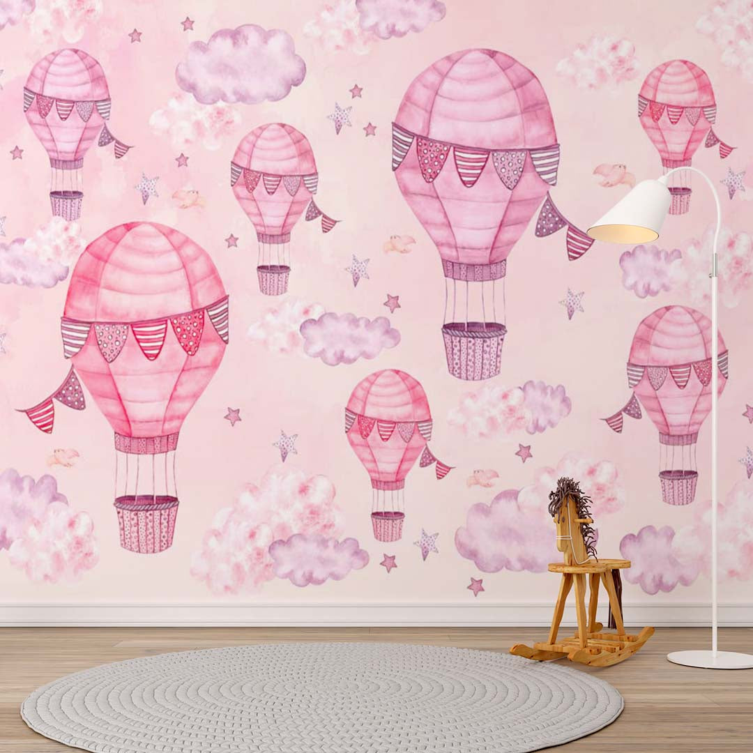 Kids Wall Murals Hot Air Balloon Pink Wall Murals Whimsical Sky Scenes