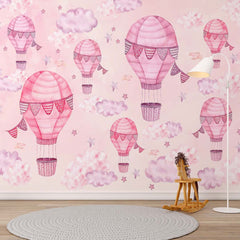 Custom Kids Wall Murals Hot Air Balloon Pink Wall Murals Whimsical Sky Scenes