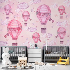 Custom Kids Wall Murals Hot Air Balloon Pink Wall Murals Whimsical Sky Scenes