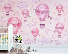 Custom Kids Wall Murals Hot Air Balloon Pink Wall Murals Whimsical Sky Scenes