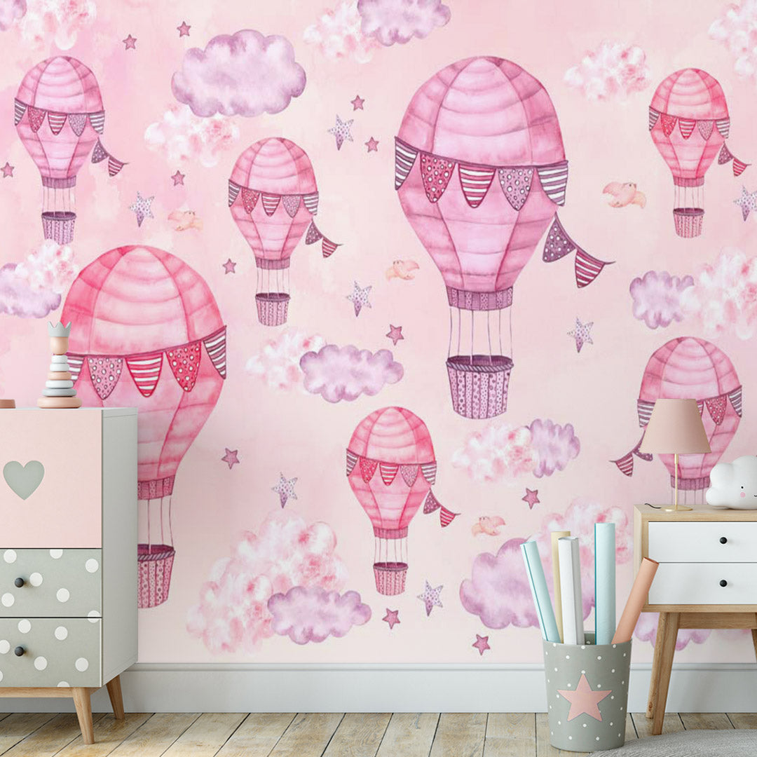 Kids Wall Murals Hot Air Balloon Pink Wall Murals Whimsical Sky Scenes