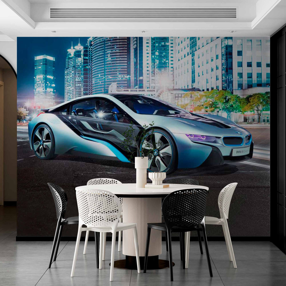 City Street at Night with Futuristic Car Mural Wallpaper