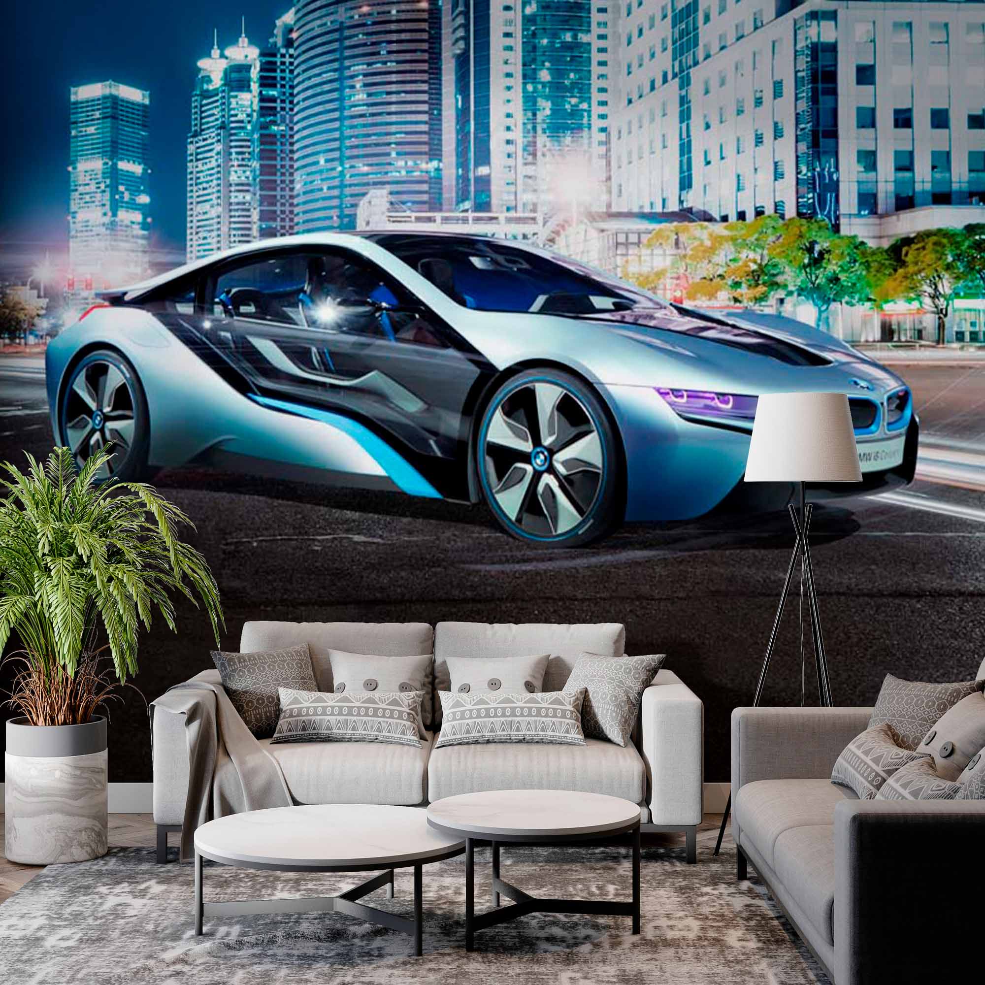 City Street at Night with Futuristic Car Mural Wallpaper