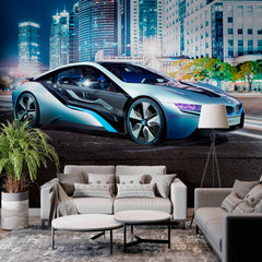 Custom City Street at Night with Futuristic Car Mural Wallpaper