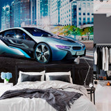 City Street at Night with Futuristic Car Mural Wallpaper