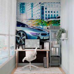 Custom City Street at Night with Futuristic Car Mural Wallpaper