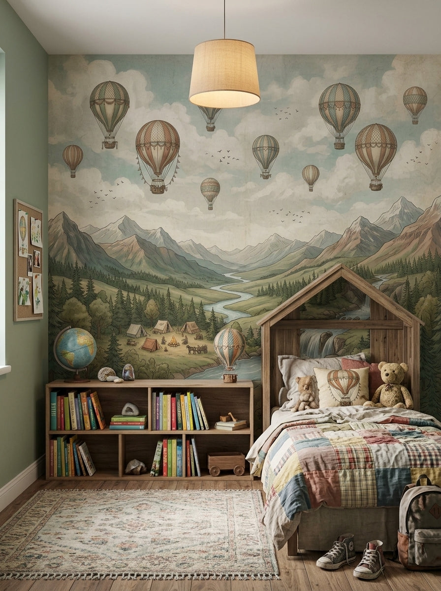 Vintage hot air balloon wallpaper mural with mountain landscape, river, waterfalls, pine forest, camping tents and cloudy sky.