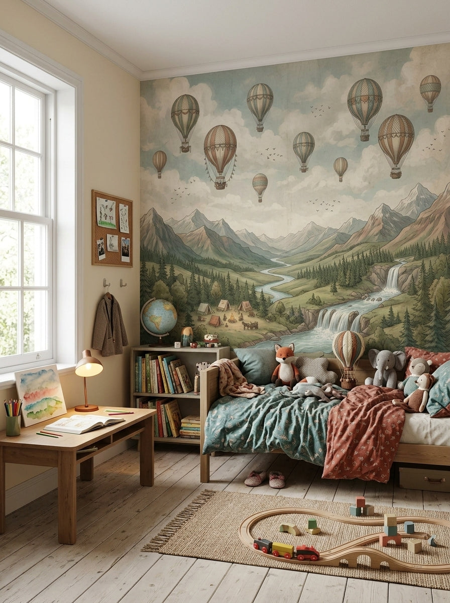 Hot air balloon mountain wallpaper displayed in a cozy children’s bedroom with wooden bed, bookshelves and adventure decor.