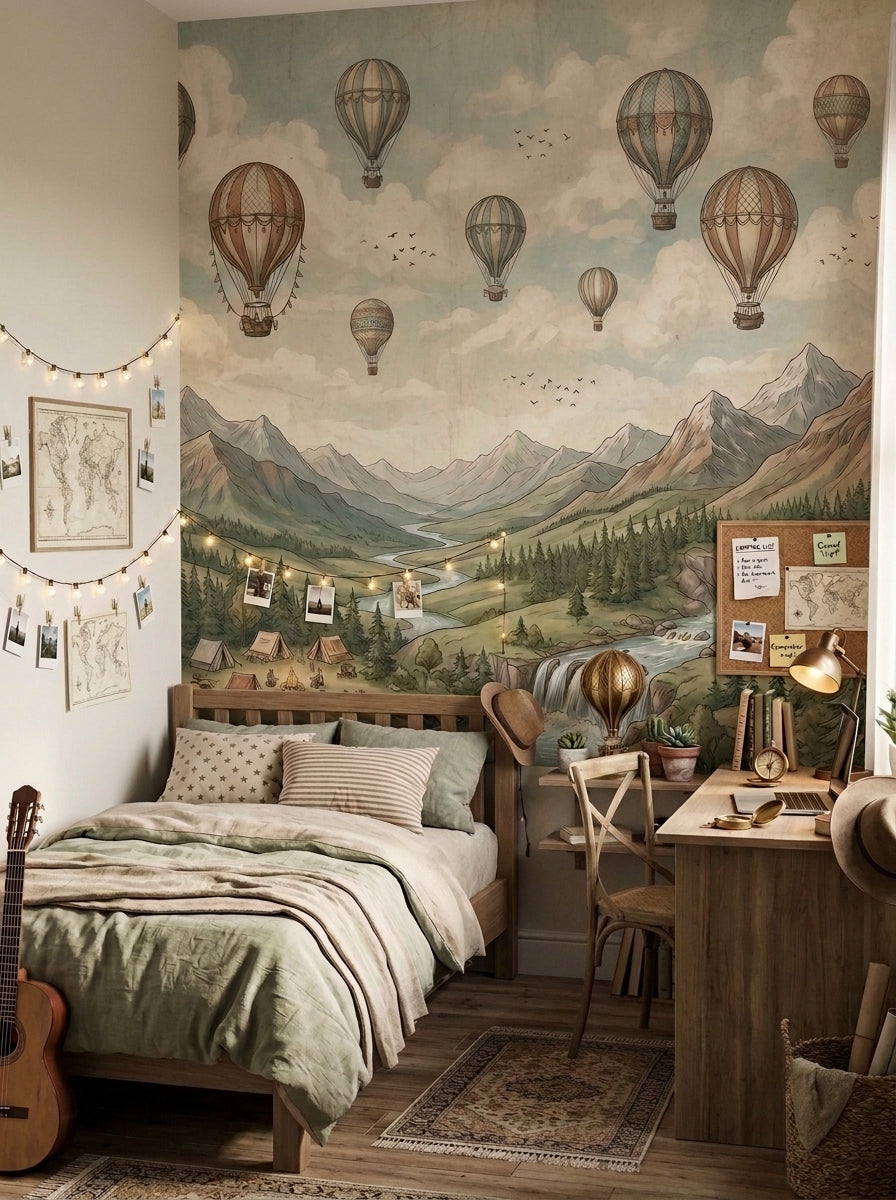 Mountain and hot air balloon wallpaper installed behind a study desk in a teen bedroom with vintage travel inspired decor.
