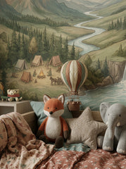 Adventure wallpaper displayed in a cozy bedroom with mountain valley, balloons, pine forest, waterfalls and camping scene.