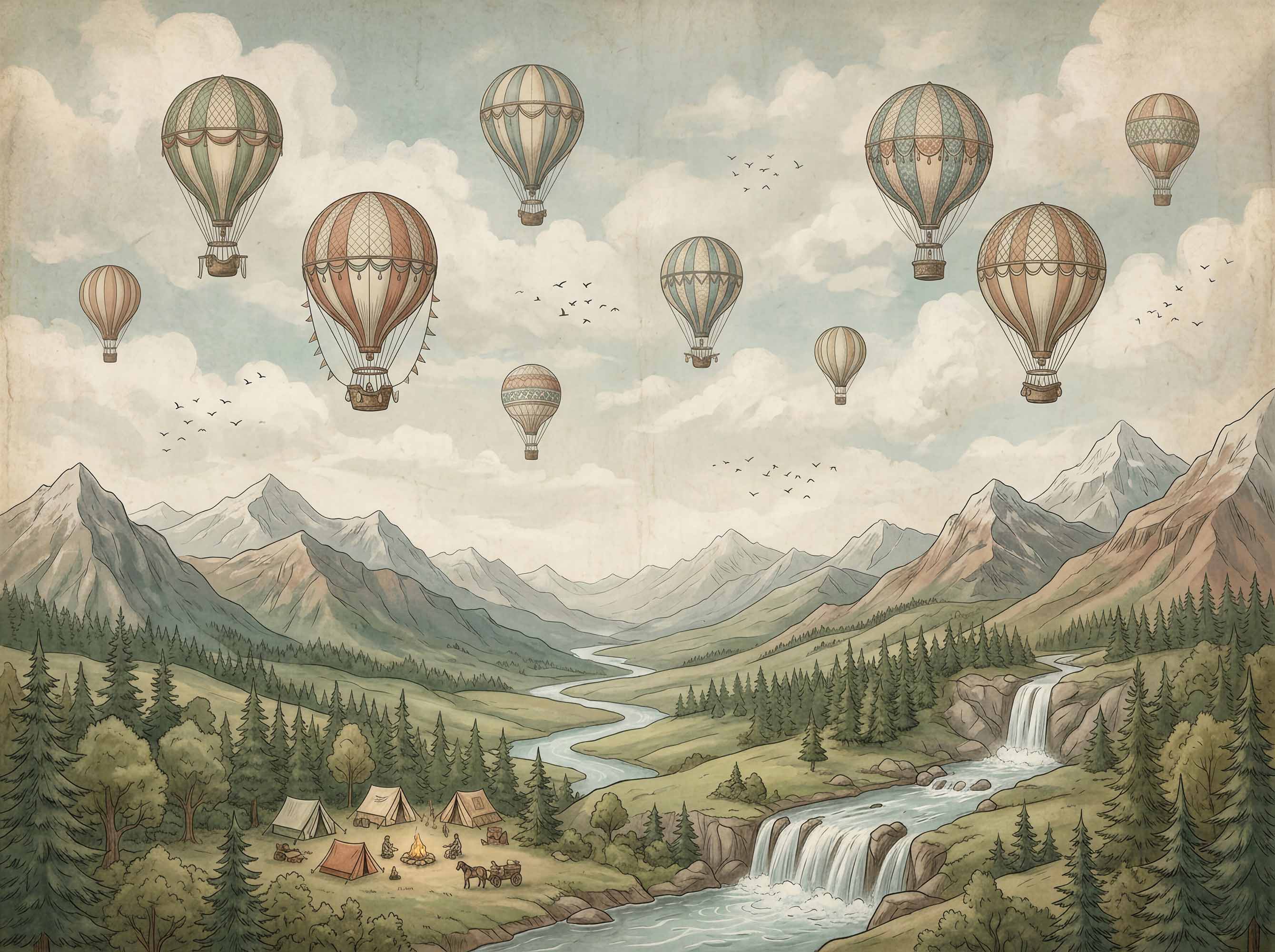 Detailed vintage hot air balloon mural featuring alpine mountains, winding river, pine trees, waterfalls, campsite and flying birds.