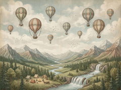 Detailed vintage hot air balloon mural featuring alpine mountains, winding river, pine trees, waterfalls, campsite and flying birds.