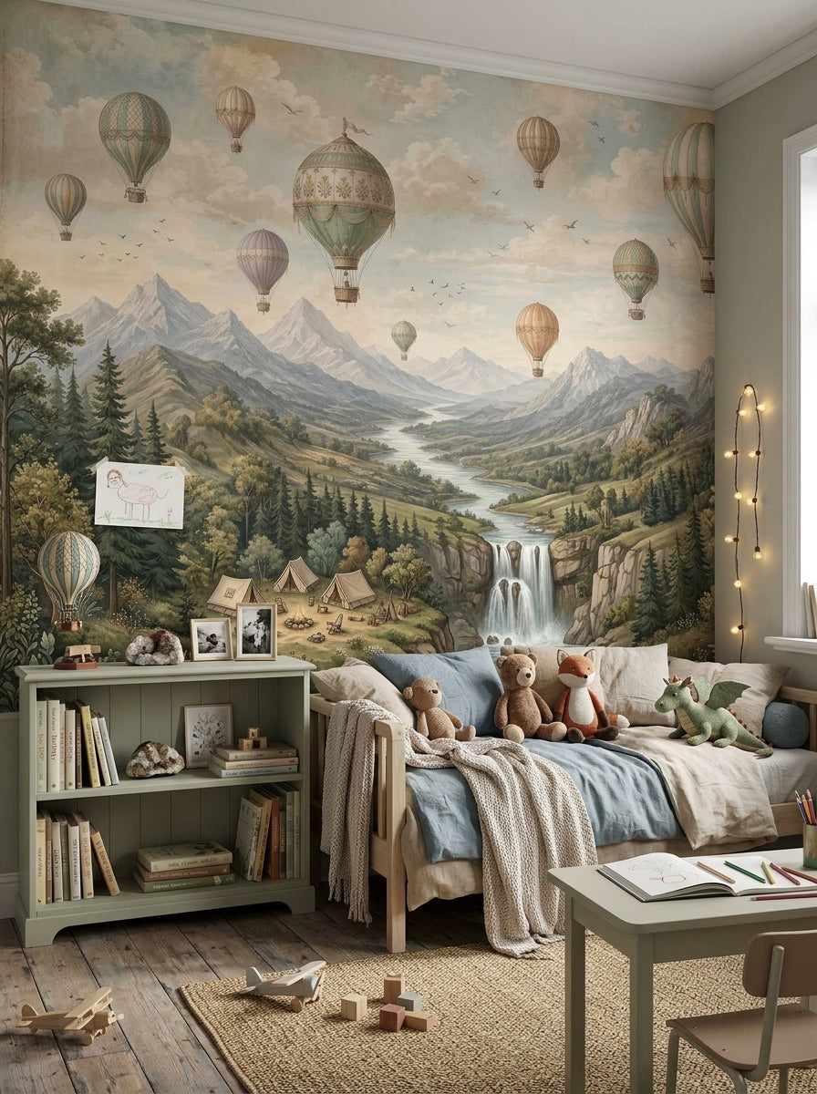 Vintage mountain wall mural shown in a children’s bedroom with balloons, river valley, forest, waterfall and campsite.