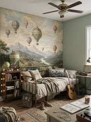 Adventure wallpaper installed in a teen bedroom with hot air balloons, alpine mountains, study desk and travel inspired decor.