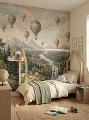 Hot air balloon mural displayed behind a house bed in a bright kids room with mountains, waterfall, forest and camping scene.