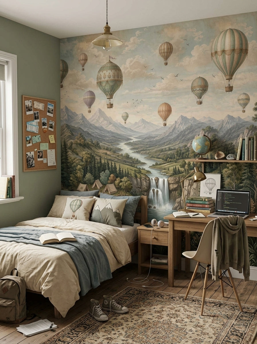 Vintage hot air balloon wallpaper mural with mountain valley, winding river, waterfalls, pine forest, camping tents and flying birds.