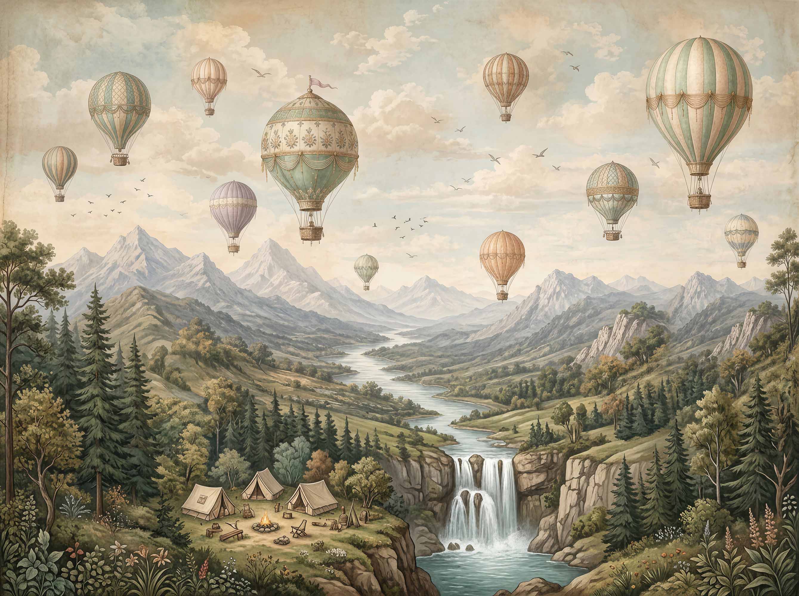 Panoramic vintage hot air balloon wallpaper with ornate balloons floating above mountains, river, waterfalls and evergreen forest.