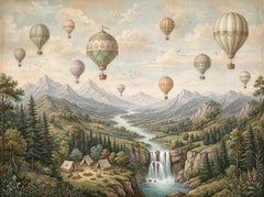 Panoramic vintage hot air balloon wallpaper with ornate balloons floating above mountains, river, waterfalls and evergreen forest.