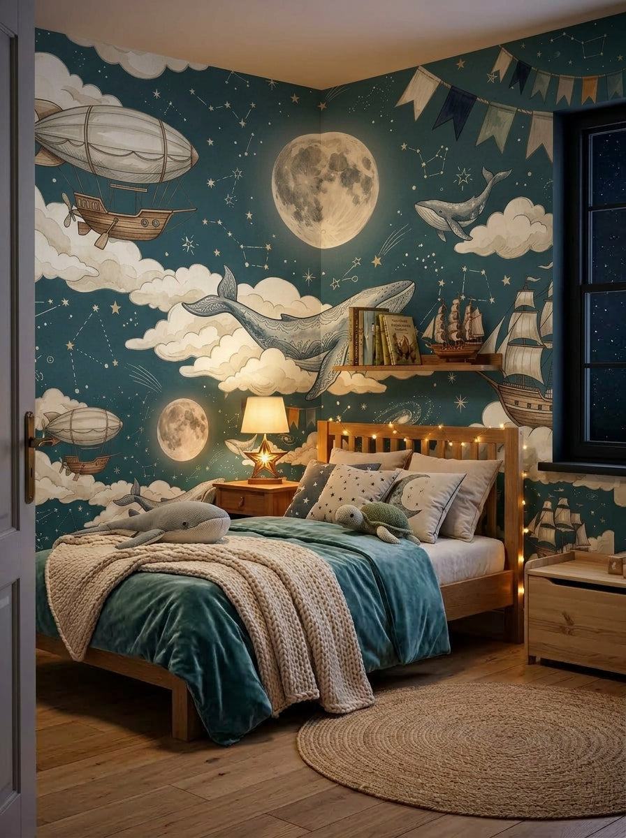 Whimsical whale and moon wall mural displayed in a cozy children’s room with wooden bed, teal bedding and warm string lights.