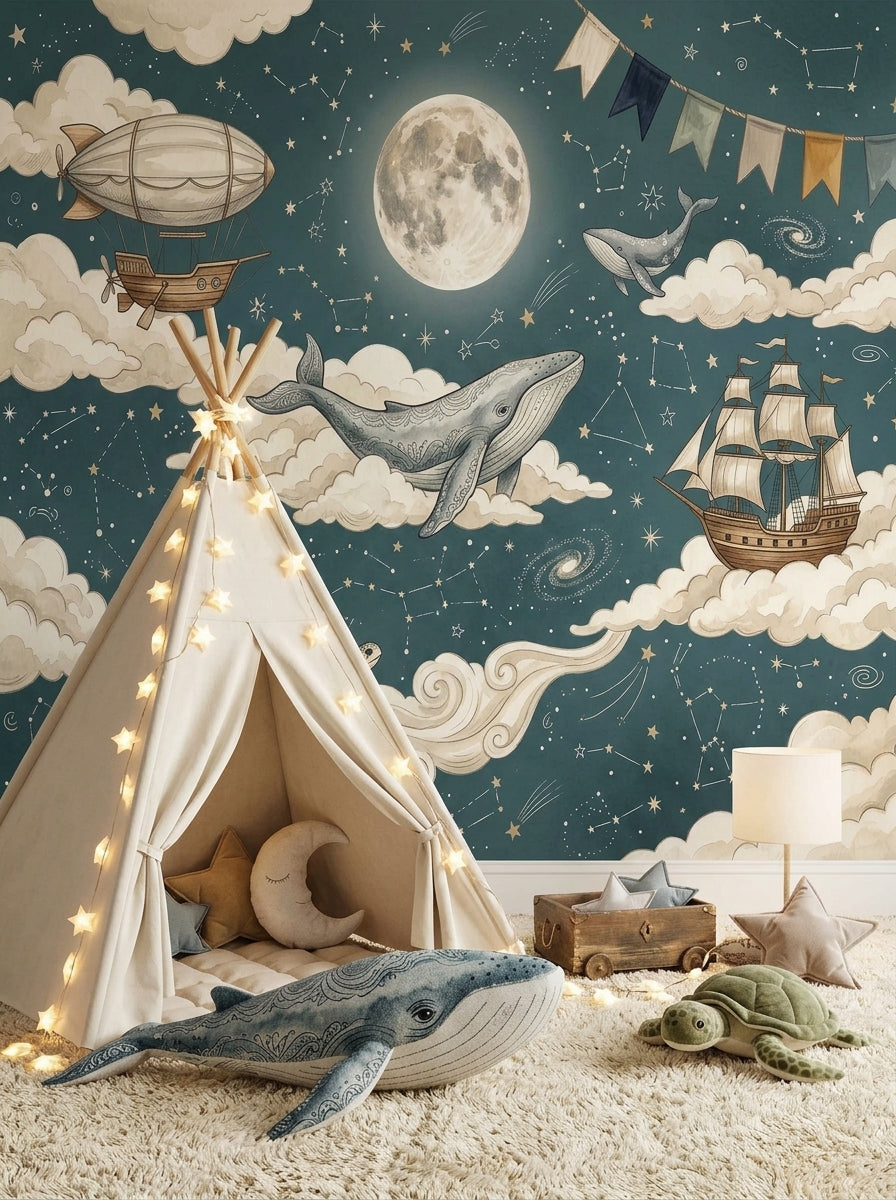 Ocean space wallpaper with flying whale, moon, constellations, clouds, airship and vintage sailing ship behind a kids play area.