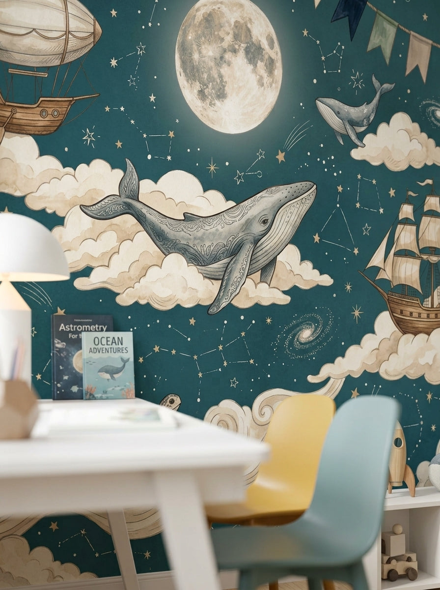 Close-up of illustrated whale wallpaper with dark teal sky, glowing moon, stars, constellations and nautical adventure details.