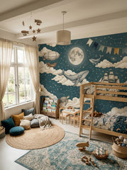 Whale adventure mural shown in a shared children’s room with bunk bed, celestial decor, airship, sailing ship and moon.