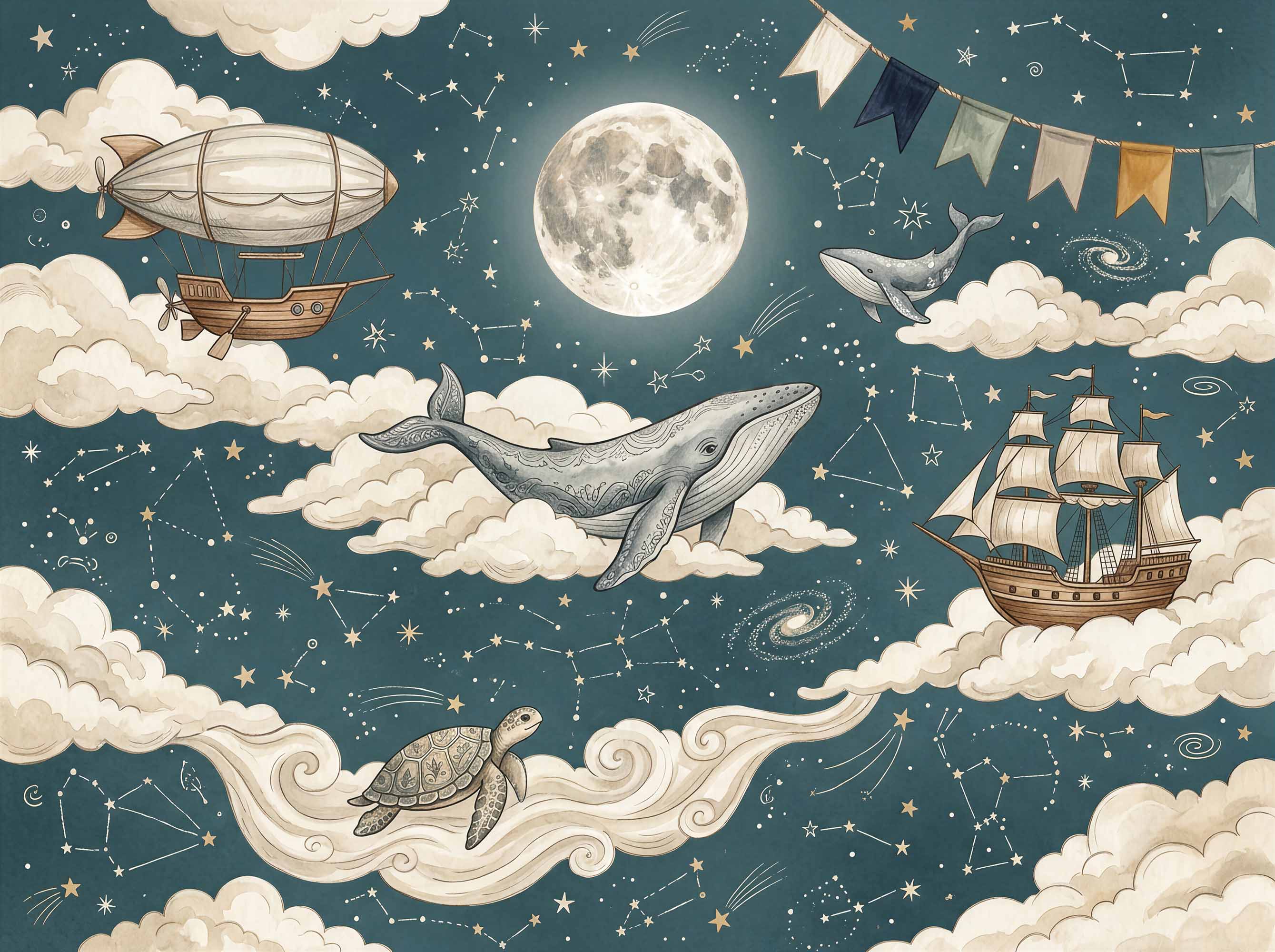 Vintage celestial ocean wallpaper featuring a large whale, sea turtle, moon, stars, clouds, airship and sailing ship on dark teal background.