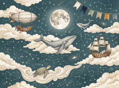 Vintage celestial ocean wallpaper featuring a large whale, sea turtle, moon, stars, clouds, airship and sailing ship on dark teal background.