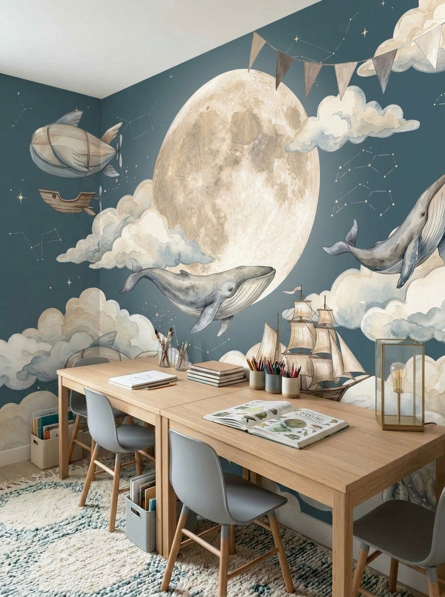 Dark teal whale and moon wall mural displayed behind a cozy children’s bed with warm wood details and blue bedding.