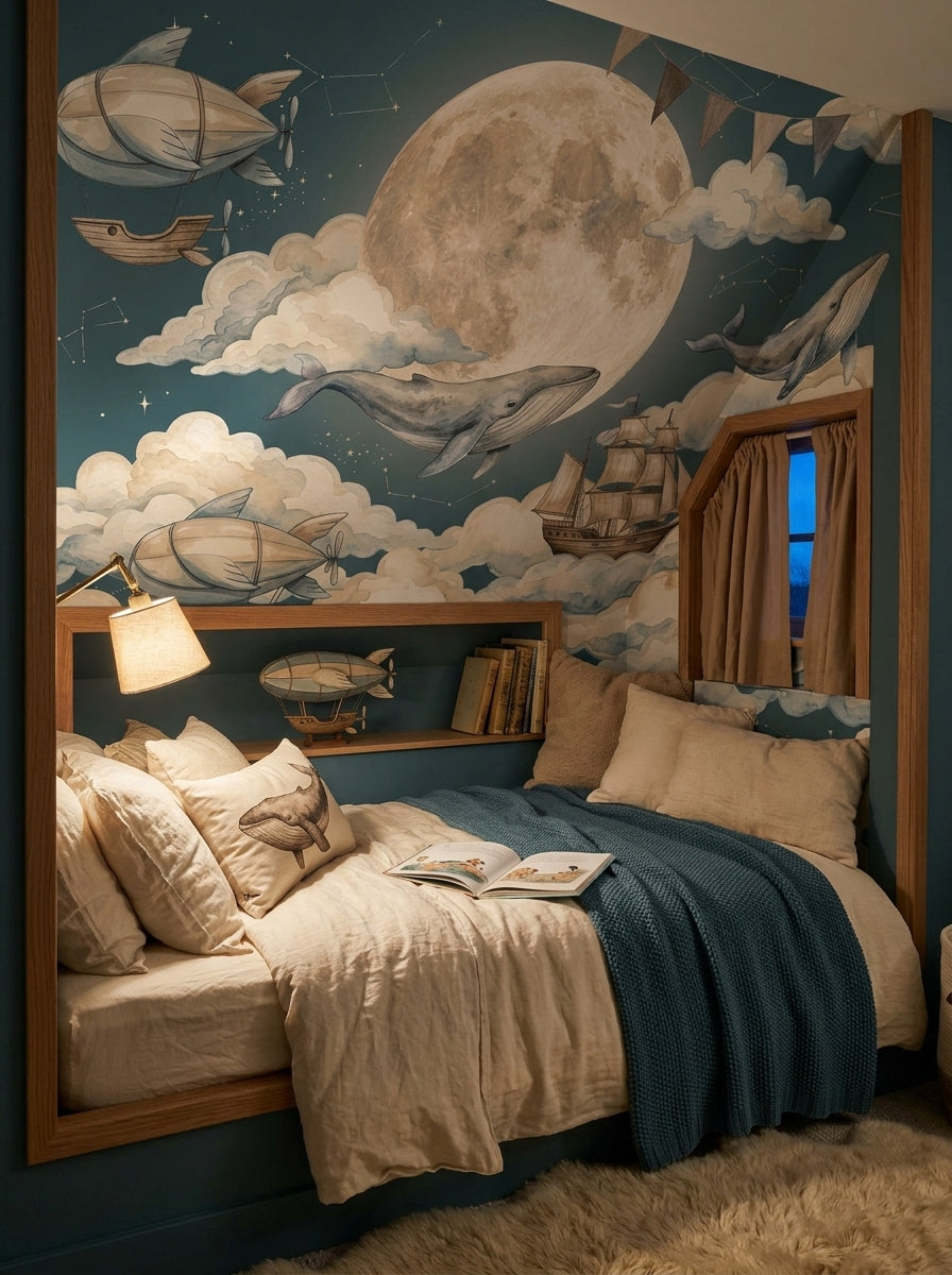 Whimsical whale wallpaper with large moon, clouds, fantasy airships and vintage sailing ship in a modern nursery.