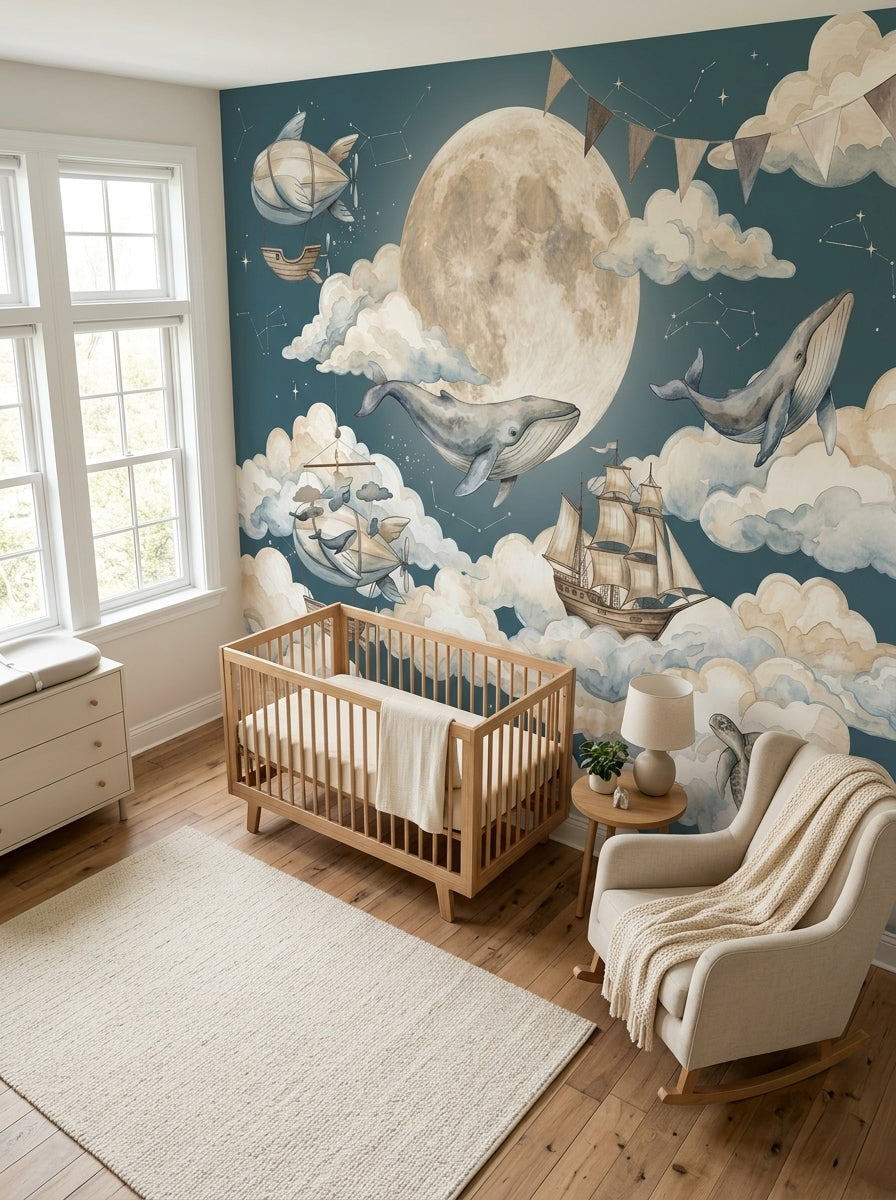 Whale adventure mural shown behind a teal sofa with moon, clouds, airships, sailing ship and sea turtle.