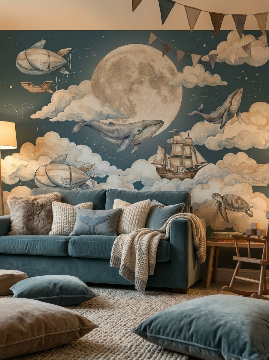 Close-up of watercolor whale wallpaper with oversized moon, creamy clouds, flying airship and vintage ship.