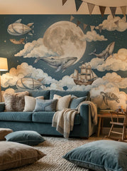 Close-up of watercolor whale wallpaper with oversized moon, creamy clouds, flying airship and vintage ship.