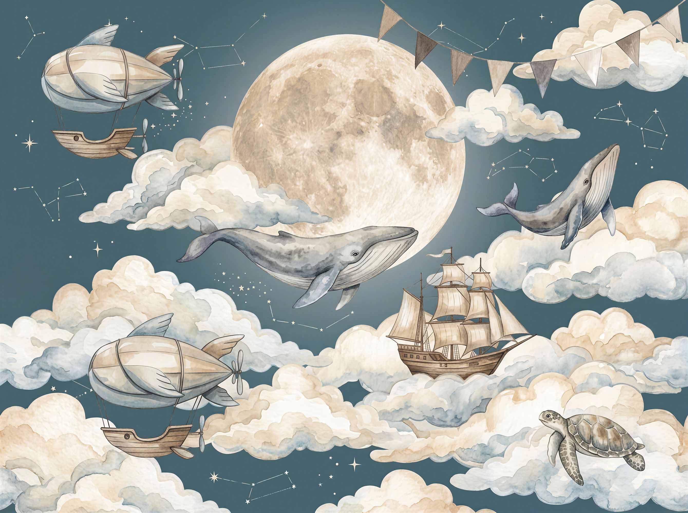 Dark teal children’s mural featuring whales flying through clouds beneath a large moon with airships, ship and constellations.