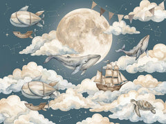 Dark teal children’s mural featuring whales flying through clouds beneath a large moon with airships, ship and constellations.