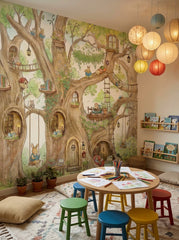 Woodland treehouse wall mural with rabbits and forest animals reading books behind a natural wood bunk bed.