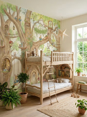 Storybook forest wallpaper featuring giant tree homes, animals, bridges, ladders and lanterns in a cozy children’s bedroom.