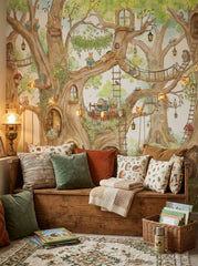 Close-up of woodland treehouse mural with rabbit reading on a swing, tiny libraries, lanterns and tree doors.