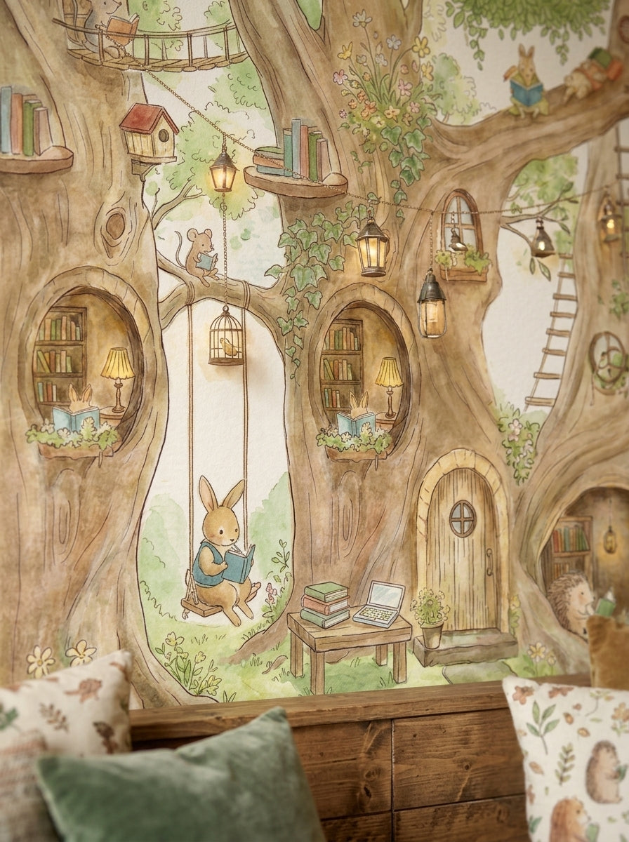 Whimsical treehouse wallpaper mural with woodland animals, giant trees, rope bridges and reading nooks in a colorful kids playroom.