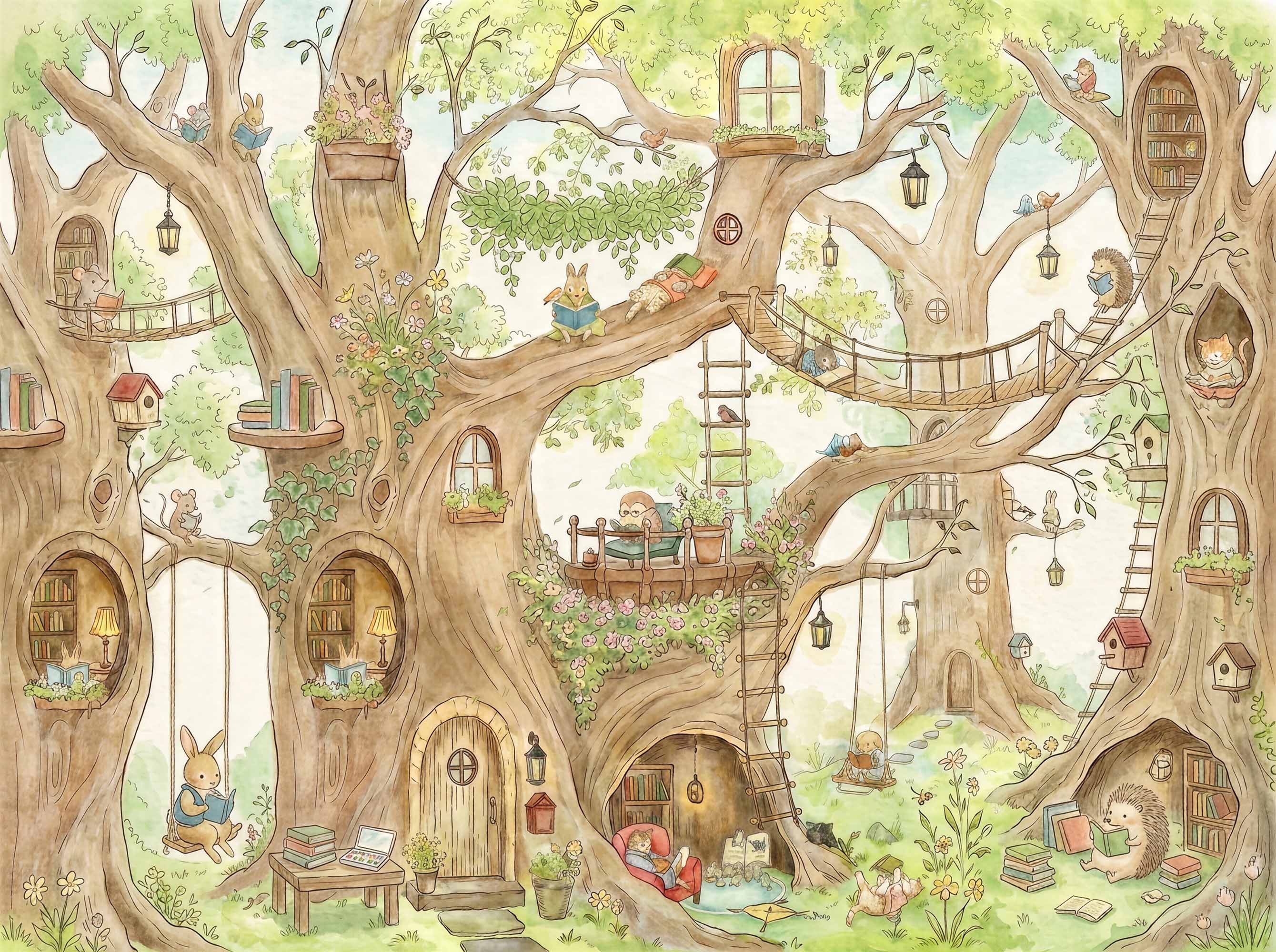 Hand-drawn woodland wall mural featuring rabbits, mice and hedgehogs living and reading inside a magical tree village.