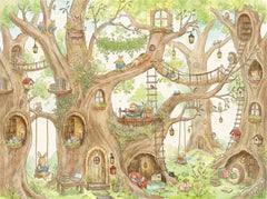 Hand-drawn woodland wall mural featuring rabbits, mice and hedgehogs living and reading inside a magical tree village.
