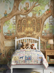 Whimsical treehouse wall mural with rabbits, mice, bookshelves and lanterns in a cozy attic child’s bedroom.
