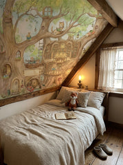 Treehouse library wallpaper mural with woodland animals reading inside a giant illustrated tree behind a kids bed.
