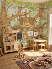 Magical treehouse mural with books, ladders, bridges and woodland animals decorating a children’s playroom.