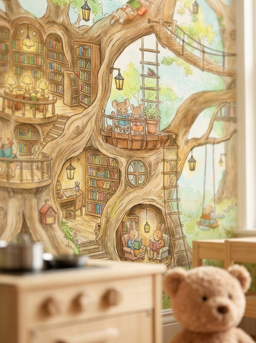 Close-up of treehouse wallpaper showing mice and rabbits reading beside bookshelves, ladders and tiny lanterns.