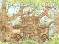 Detailed woodland treehouse illustration with animal readers, library rooms and hidden tree homes for a kids wall mural.