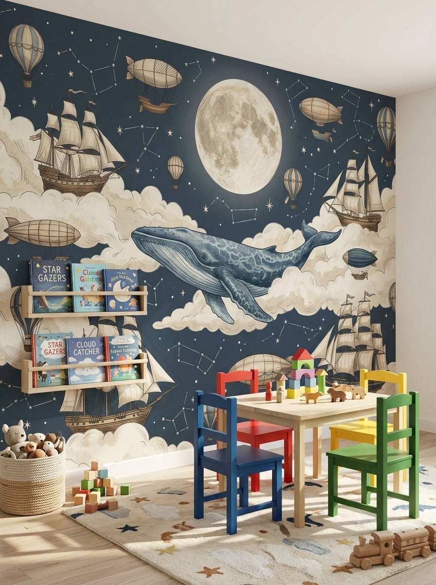 Whale space wallpaper mural with flying whale, full moon, clouds, sailing ships and vintage airships in a kids playroom.